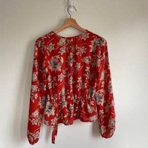 Sienna Sky Burnt Orange Floral Peplum Long Bubble Sleeve Blouse